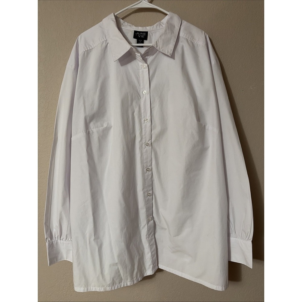 June + Vie White Cotton Blend Plus Size 2X 26/28 Long Sleeve Button Down Blouse
